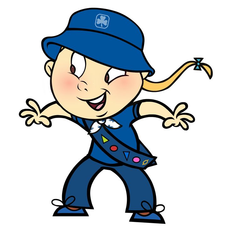 Cheerful cartoon girl in blue scout uniform with hat, sash, and playful pose.
