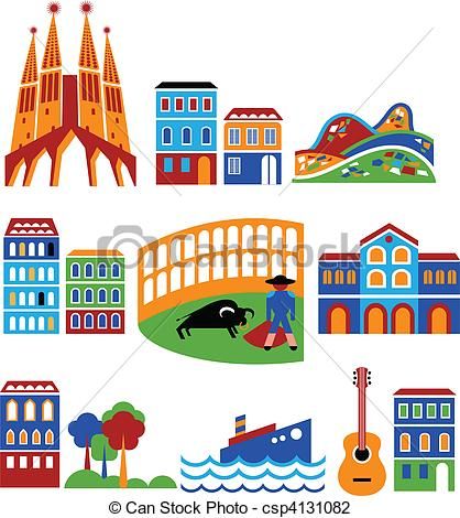 Colorful vector illustration of Spanish landmarks and cultural icons including Sagrada Família, bullfighting, guitar, coastal scenes, and traditional architecture.