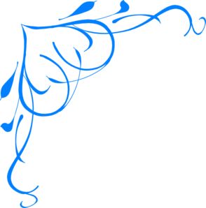 Blue ornamental flourish with swirling vines, leaves, and curls on white background.