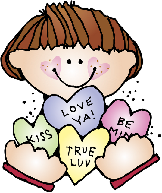 Smiling child holding colorful heart-shaped candy messages like "LOVE YA!" and "TRUE LUV"