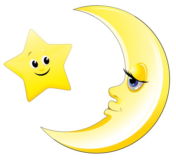A smiling yellow star and a crescent moon with a face, both cartoon-style and cheerful.