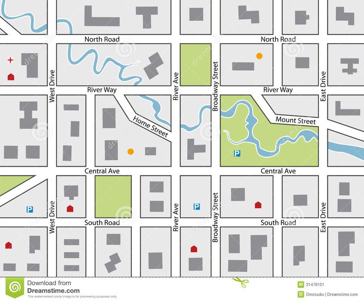 Simplified city street map showing roads, parks, rivers, buildings, parking, and landmarks with labeled streets.