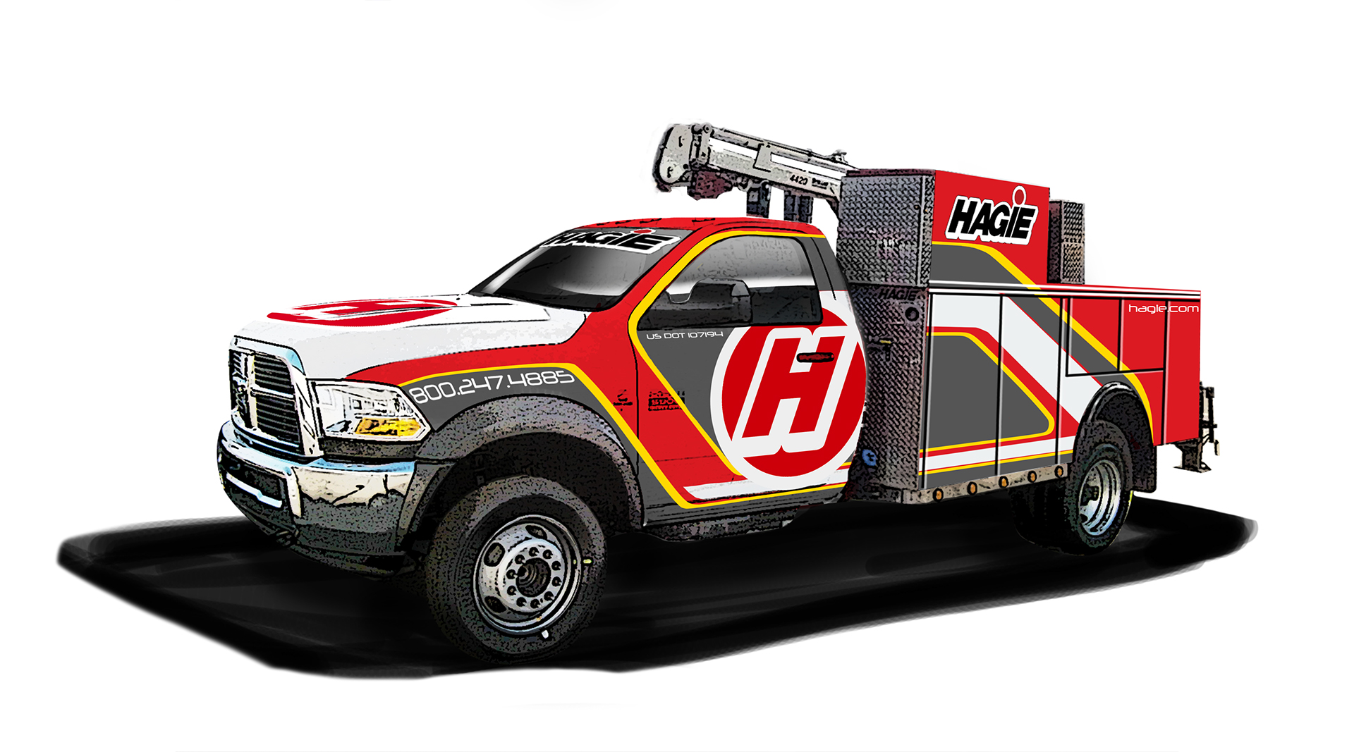 Hagie utility truck with red, white, and gray livery, mounted bucket lift, and prominent "H" logo.