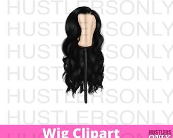 Black wavy long wig on mannequin head, clipart style with transparent background and watermark.