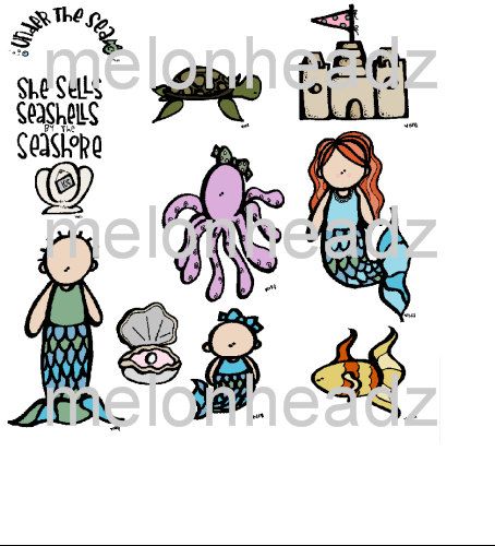 Whimsical hand-drawn mermaid-themed clipart set including mermaids, octopus, turtle, fish, seashell, and sandcastle.
