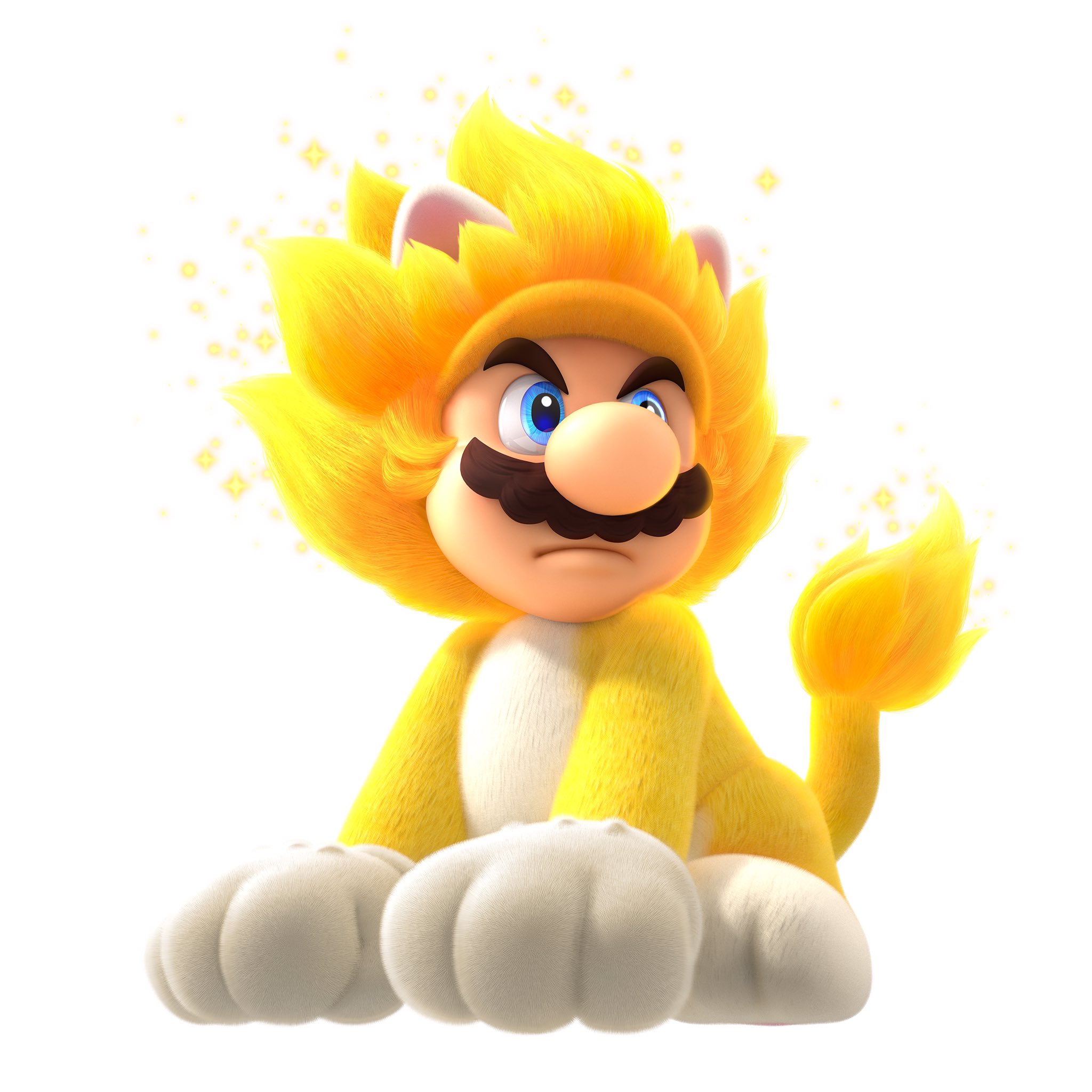 Mario in a golden lion suit with sparkles, sitting with a determined expression and raised paw.