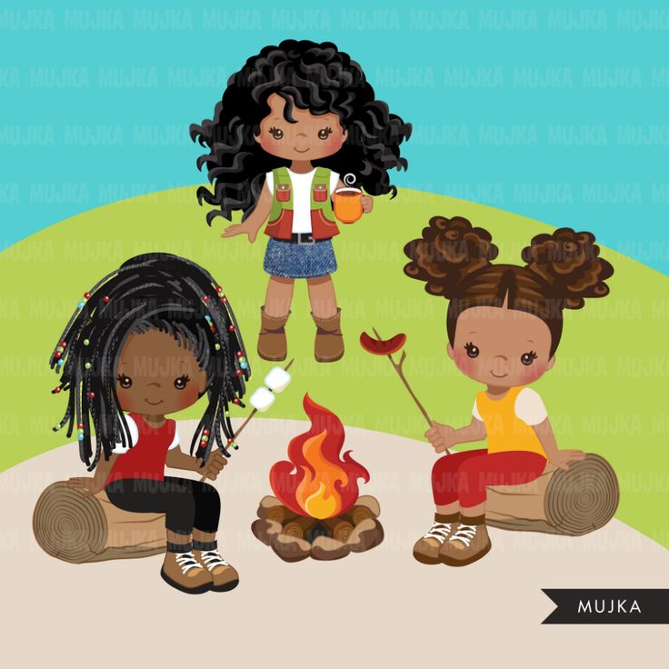 Three diverse Black girls roasting marshmallows and hot dogs over a campfire in a cheerful outdoor scene.