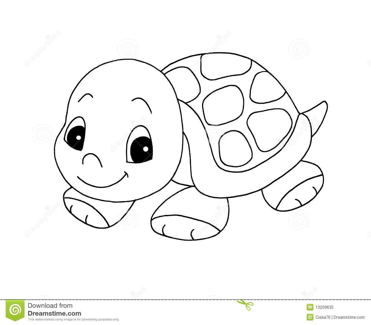 Cute cartoon baby turtle with smiling face and patterned shell, black-and-white line drawing for coloring.