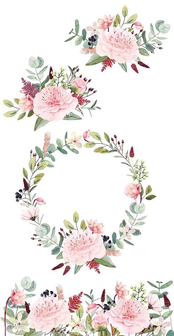 Watercolor floral wreath and bouquets with pink peonies, eucalyptus, berries, and red accents on white background.