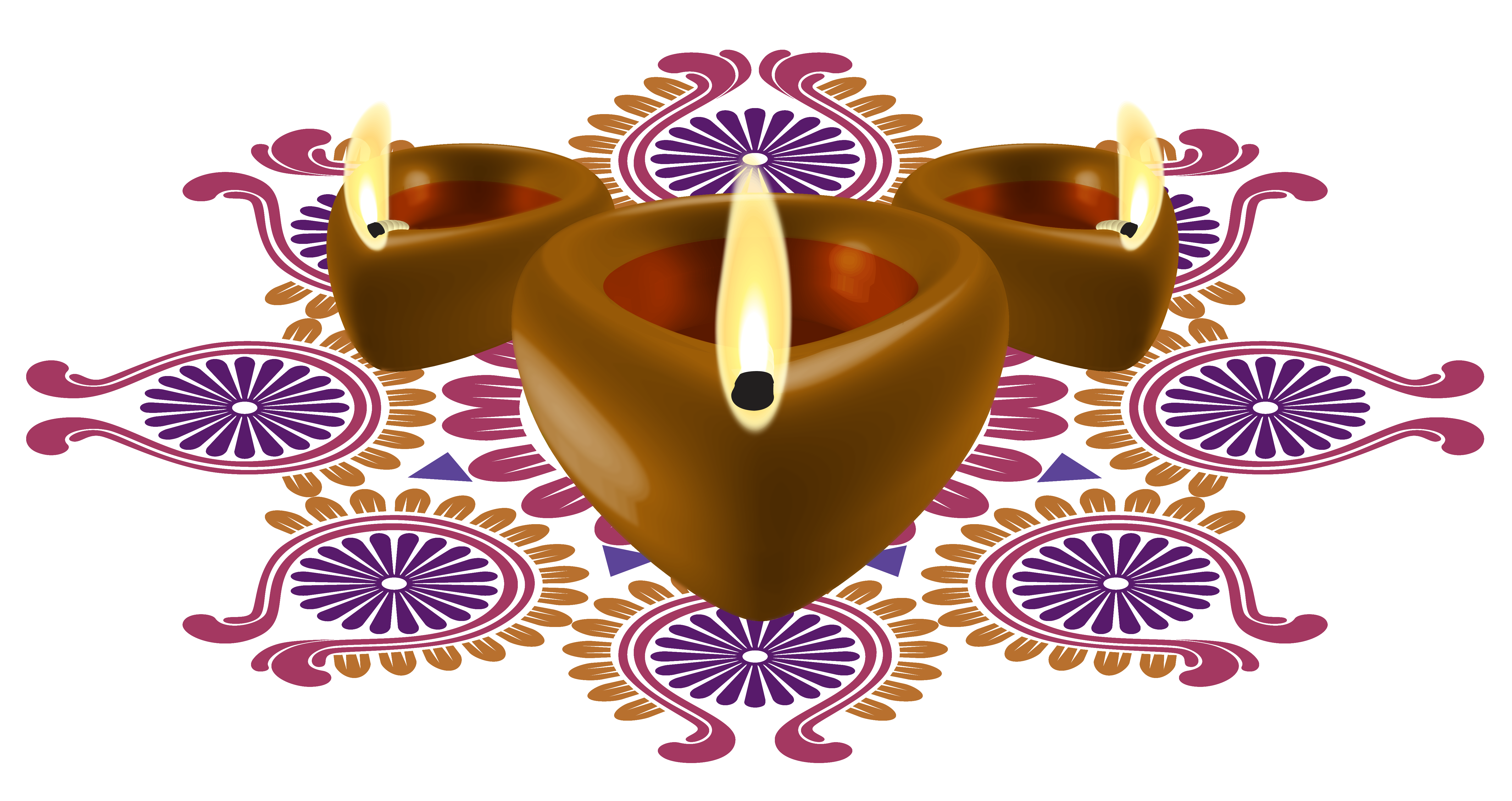 Three lit clay diyas on colorful rangoli patterns, symbolizing Diwali celebration and Indian cultural tradition.