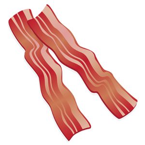 Two wavy strips of crispy, cooked bacon on a white background.