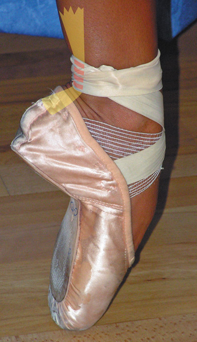 A close-up of a ballet dancer's foot en pointe in a pink satin pointe shoe, with ribbons wrapped around the ankle and visible wear on the toe box.