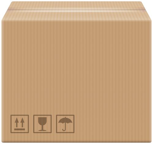 Brown corrugated cardboard box with standard shipping symbols: upright, fragile, and keep dry.