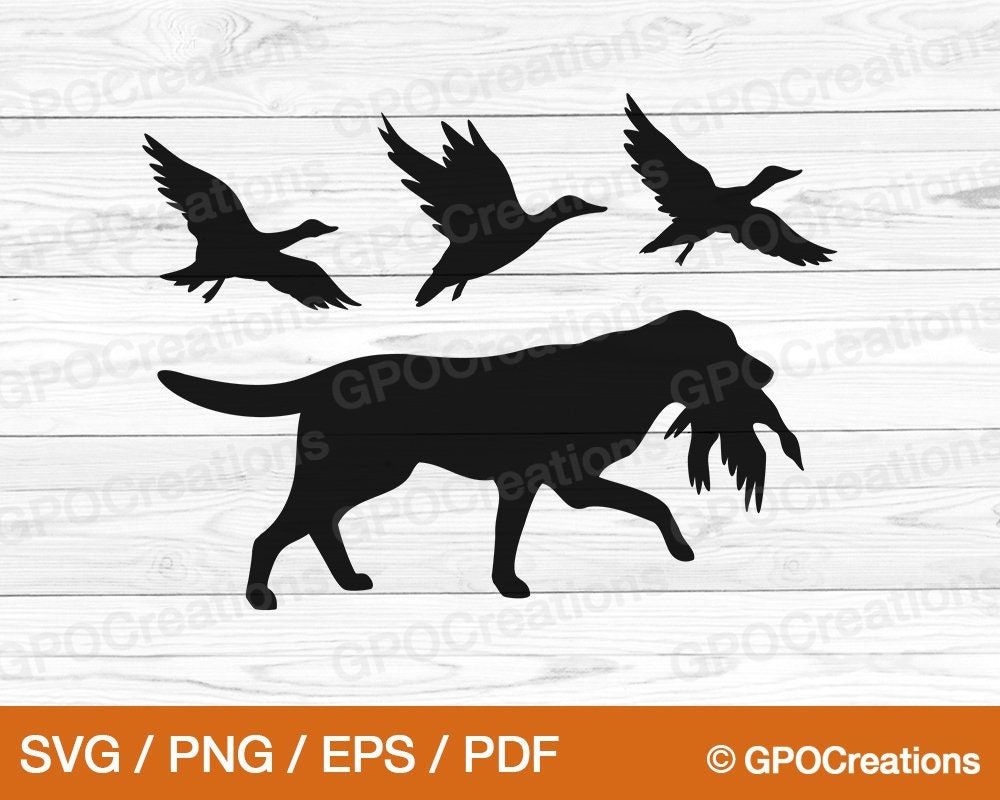 Black silhouette of a hunting dog carrying a duck, with three flying ducks above, on wood-textured background.