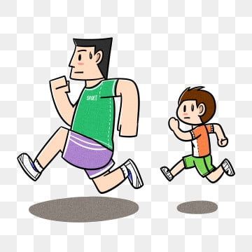 A cartoon adult and child running side by side, both in athletic wear, with motion shadows beneath them.