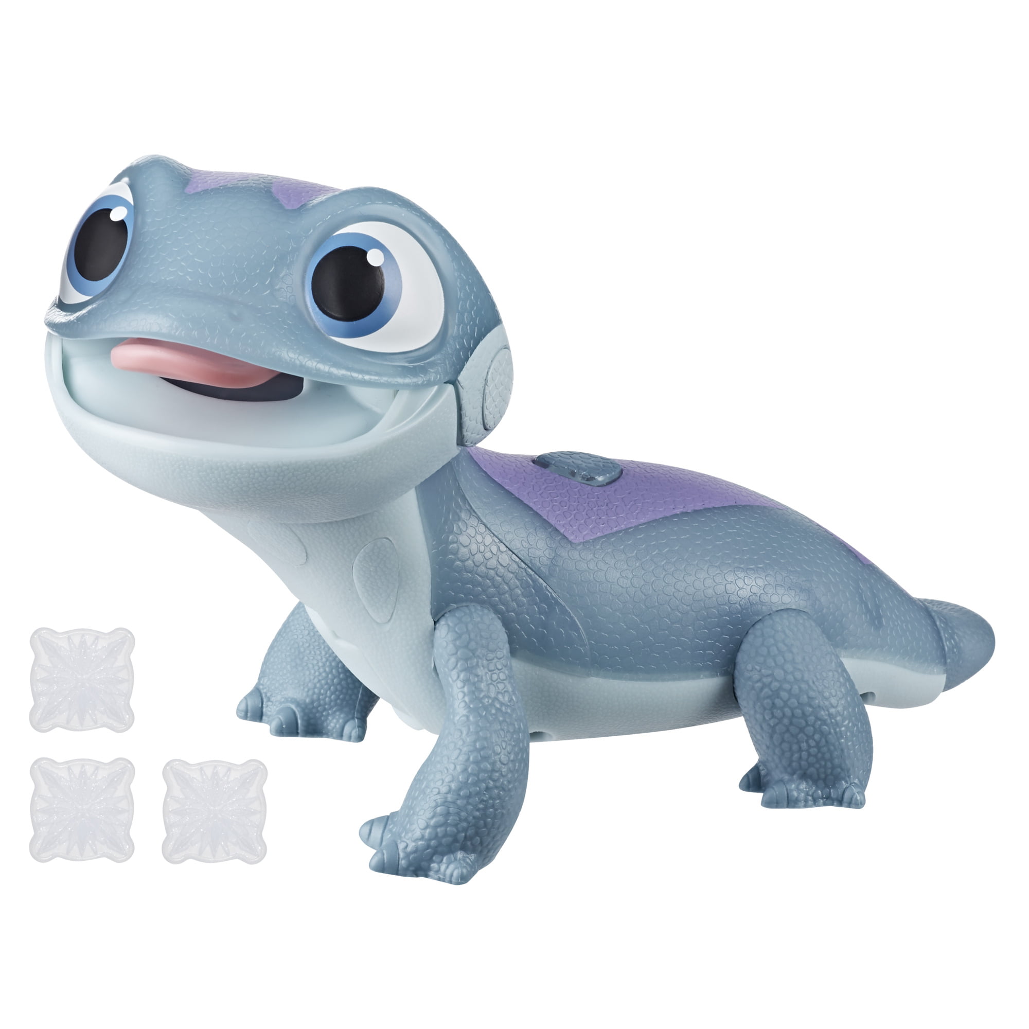 Animated blue salamander toy with purple accents and three snowflake-shaped accessories.