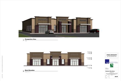 Preliminary architectural rendering of a three-unit commercial building with street-level storefronts and signage placeholders.