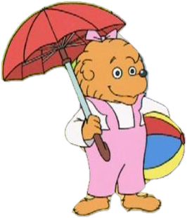 A cheerful cartoon bear in pink overalls holding a red umbrella and a beach ball.