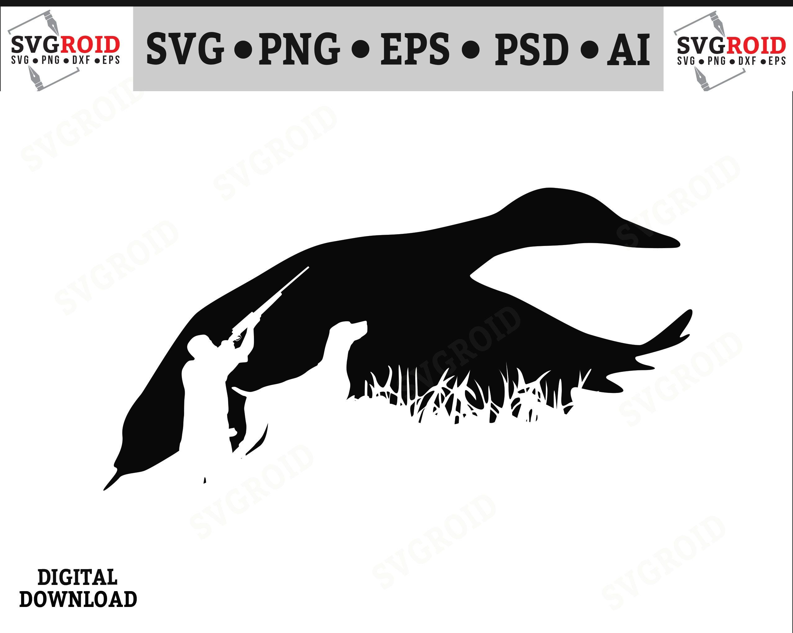 Black silhouette of a duck in flight with hunter and dog below, grass detail at base.