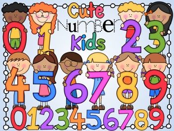 Colorful cartoon kids paired with numbers 0-9 for early math education.