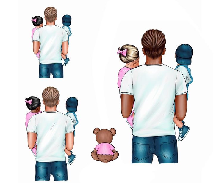 Father holding two children from behind, with a teddy bear nearby-illustration of family bonding and parenting.