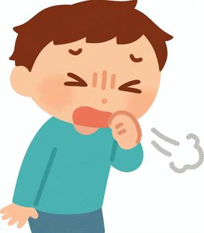 A cartoon boy coughing into his fist with eyes closed and breath visible.
