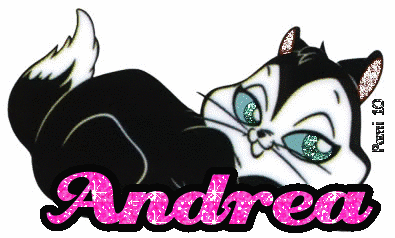A stylized black-and-white tuxedo cat with glittery green eyes lying beside the name "Andrea" in pink sparkly font.