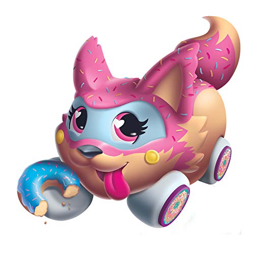 A cute pink-sprinkled fox-shaped toy car with wheels, holding a blue-frosted donut and sticking out its tongue.