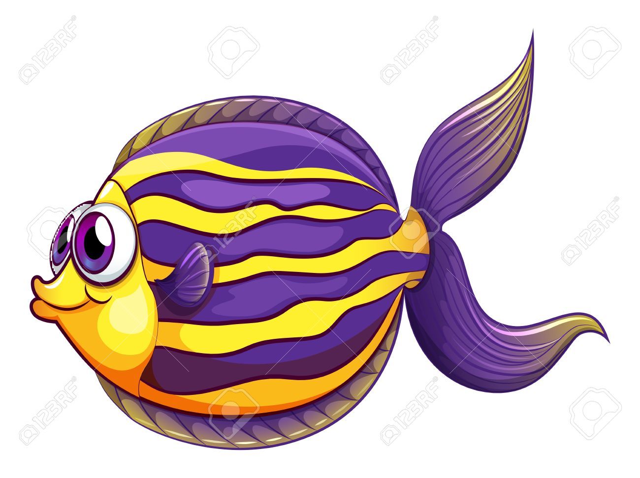 Cartoon purple and yellow striped fish with big eyes and smiling face on white background.
