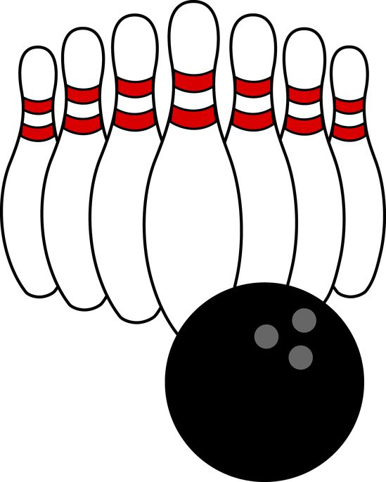 A black bowling ball with three finger holes positioned in front of seven white bowling pins with red stripes.