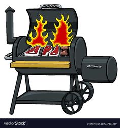 Cartoon-style black barbecue grill with flames and sizzling meat on the grates, mounted on wheels with a side shelf.