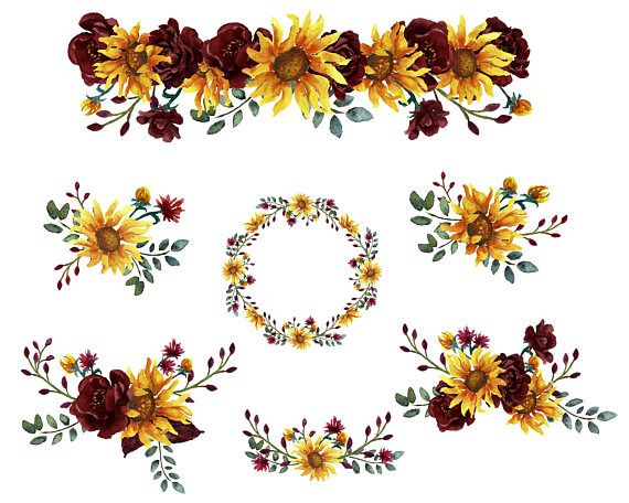 Watercolor floral arrangements featuring sunflowers, burgundy roses, and greenery in autumnal tones.
