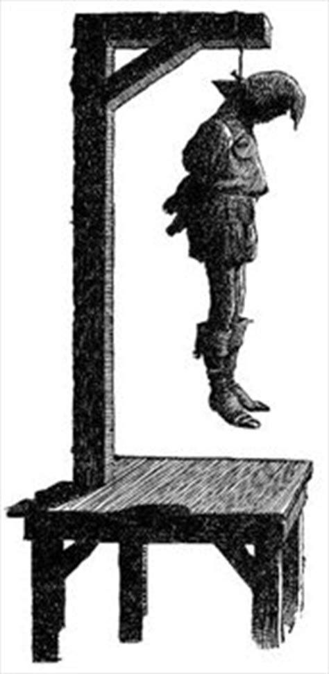 Historical woodcut illustration of a person hanged from a gallows with a hooded head and medieval attire.