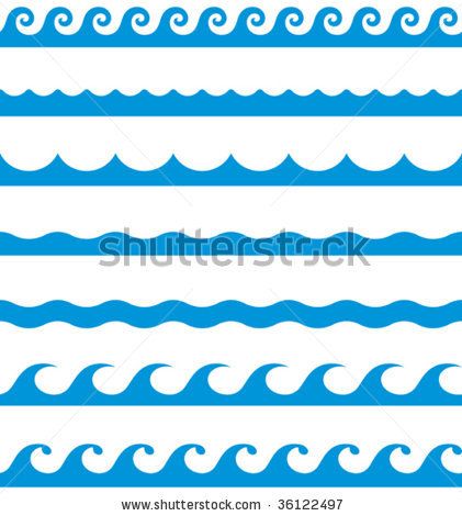 Blue wave pattern vector illustration with six stylized water motifs on white background.