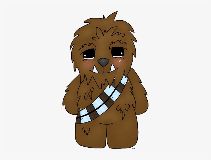 Cute cartoon Chewbacca with big eyes, fangs, and striped bandolier, in chibi style.