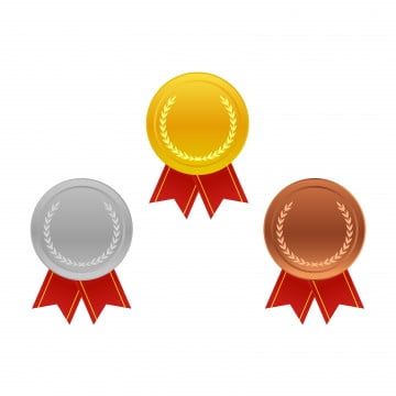 Gold, silver, and bronze award medals with red ribbons and laurel wreaths on white background.