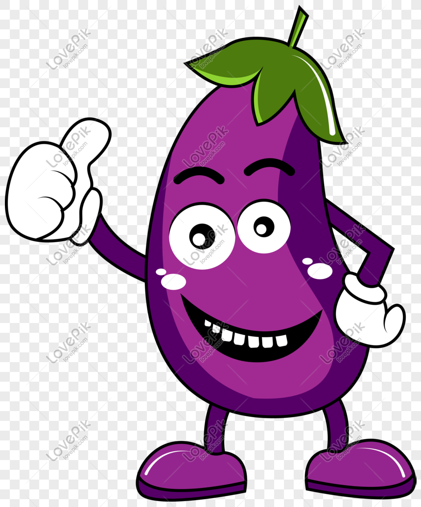 Cheerful cartoon eggplant character giving a thumbs-up with green leafy cap and purple body.