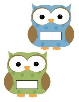 Two cartoon owls-one blue with polka dots, one green with stripes-each holding a blank label for customization.