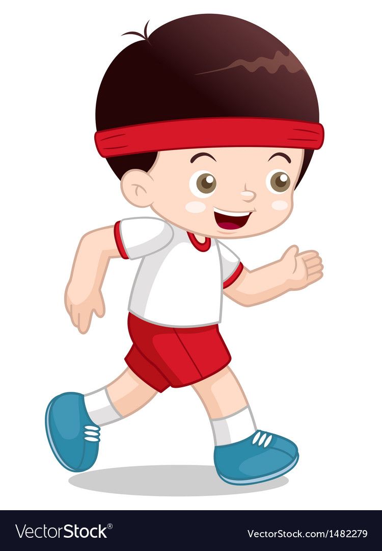 Happy cartoon boy running in sportswear with red headband and blue sneakers.