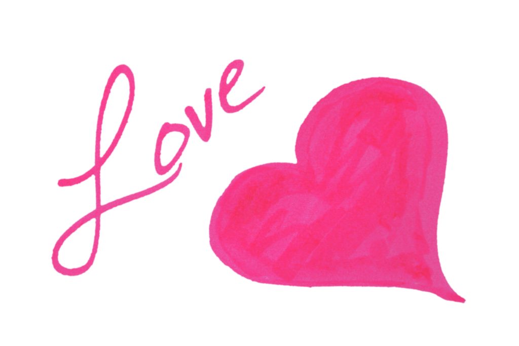 Handwritten pink "Love" script next to a vibrant pink watercolor heart on white background.
