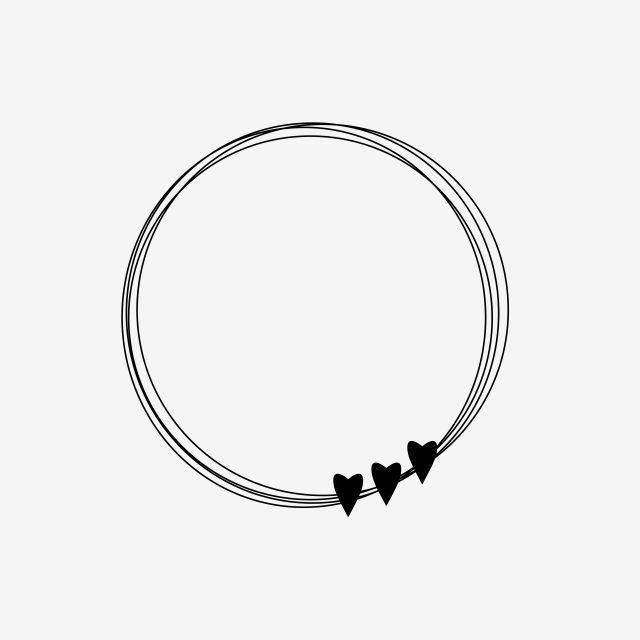 Minimalist black circular frame with three small hearts at the bottom on white background.