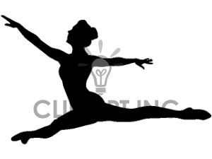 Silhouette of a ballet dancer mid-leap in grand jeté pose, arms extended, one leg forward, one back, graceful and dynamic.