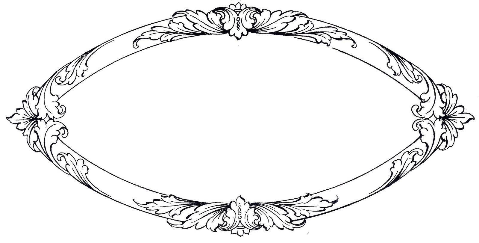 Ornate oval frame with Baroque-style floral scrollwork at cardinal points, black-and-white line art.