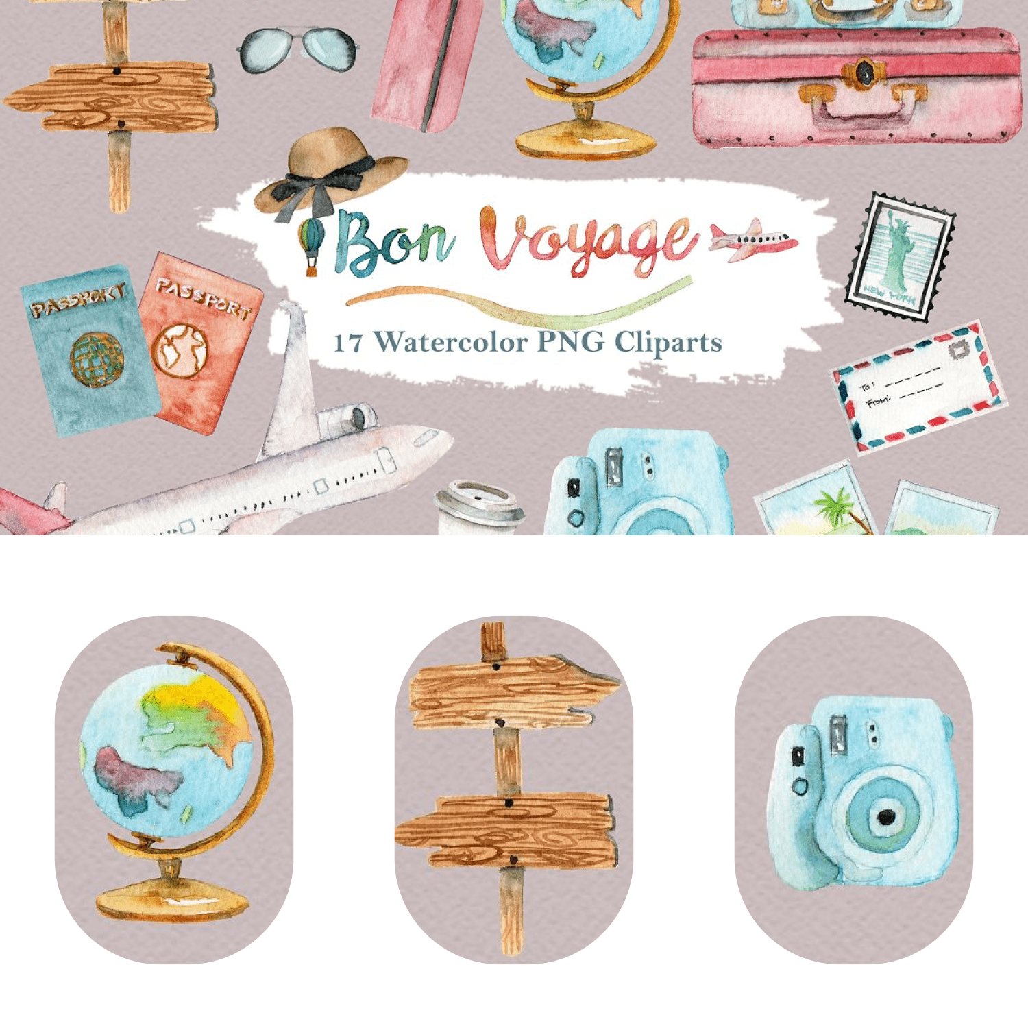 Watercolor travel-themed clipart set featuring globe, passport, camera, suitcase, airplane, and signpost.