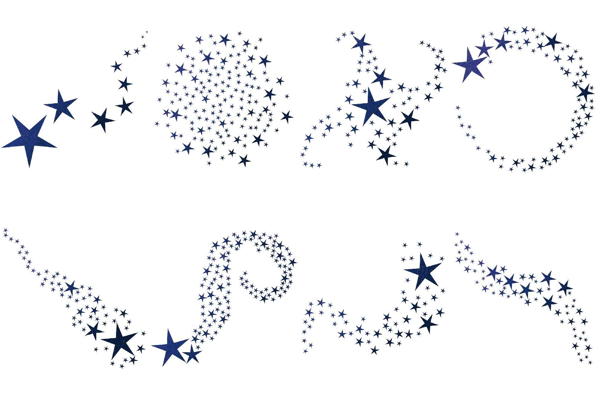 Eight decorative blue star motifs forming swirls, circles, and trails on a white background.