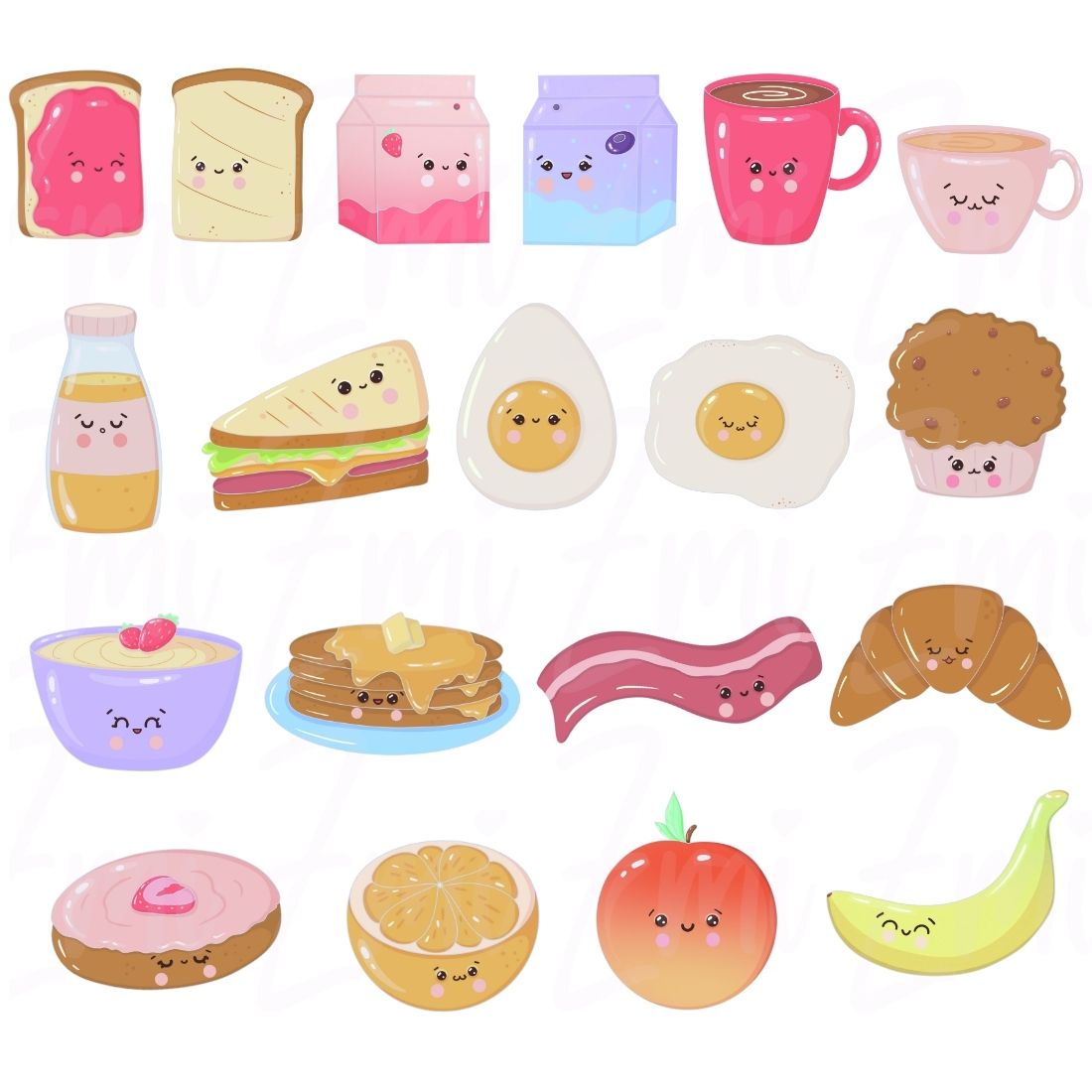 Cute kawaii-style breakfast food illustrations with smiling faces, including toast, eggs, pancakes, fruit, coffee, and more.