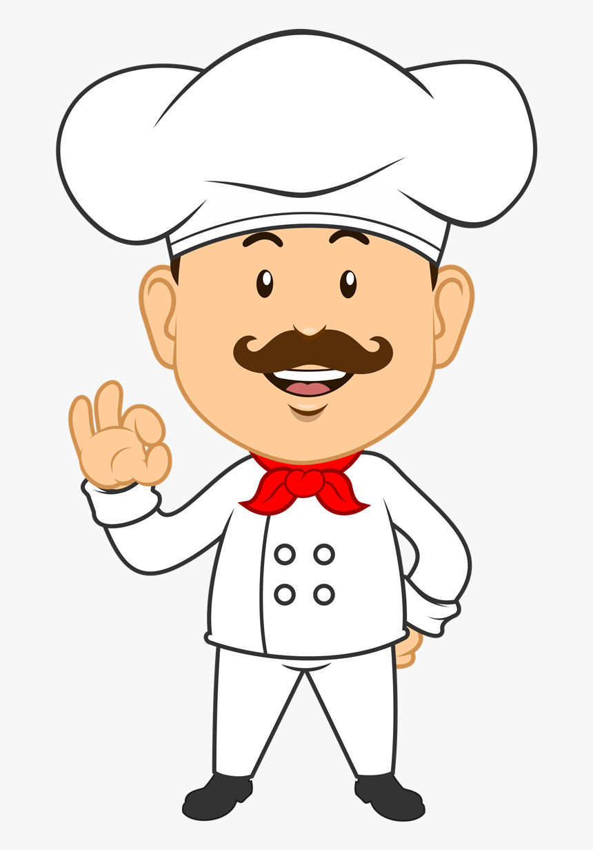 Cheerful cartoon chef with mustache, white toque, red neckerchief, and OK gesture.