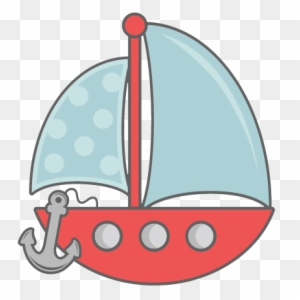 A colorful cartoon sailboat with a red hull, light blue polka-dotted sail, gray anchor, and three portholes on a transparent background.