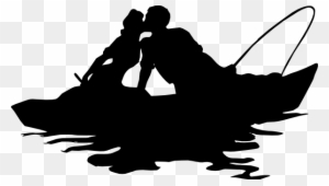 Silhouette of two people in a small boat, one fishing with a bent rod, on rippling water.