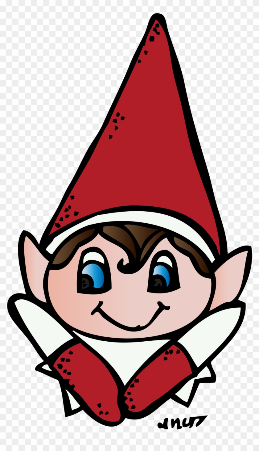 Cheerful cartoon elf with red pointed hat, blue eyes, and folded arms smiling warmly.